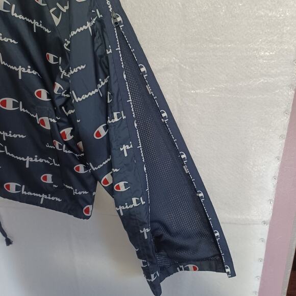 Champion Script Logo Cropped Jacket Women Large Navy Blue Tape Zippered Sleeves - Picture 6 of 7